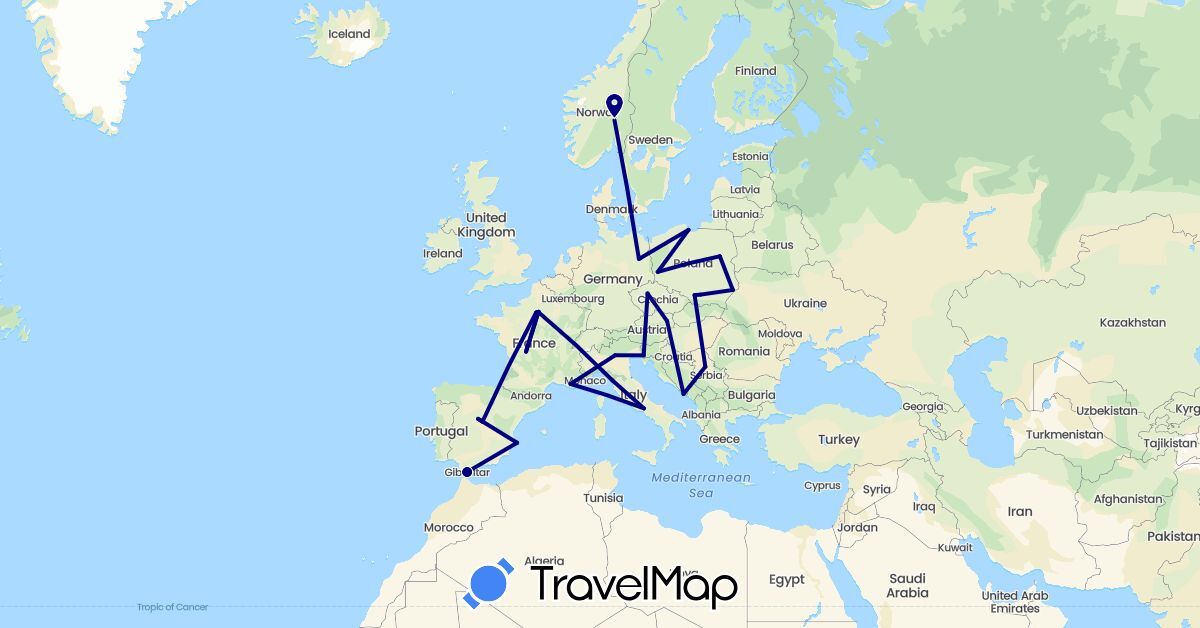 TravelMap itinerary: driving in Austria, Czech Republic, Germany, Spain, France, Gibraltar, Croatia, Italy, Norway, Poland, Serbia (Europe)